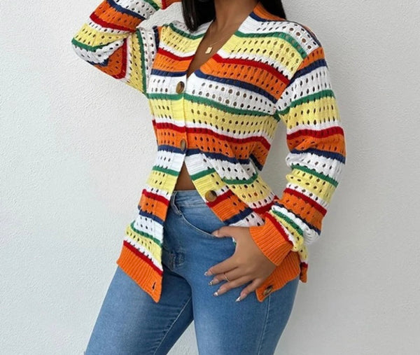 Women Fashion Multicolored Striped Button Up Knitted Top