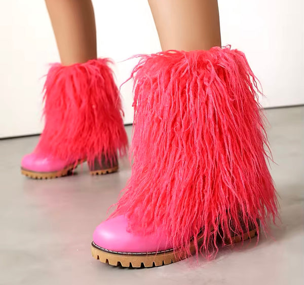 Women Color Fashion Faux Fur Ankle Boots