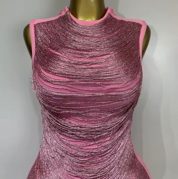 Women Pink Sleeveless Tassel Sexy Dress