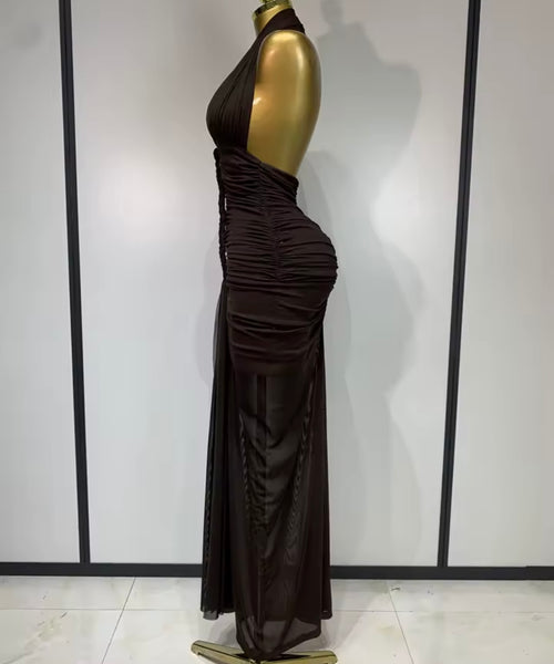 Women Sexy Halter Sleeveless Ruched Brown Maxi Dress