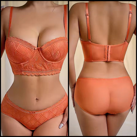Women Sexy Orange Lace Mesh Lingerie Set