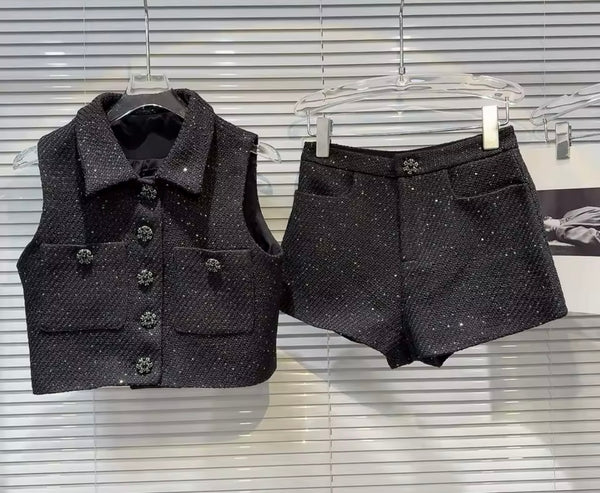 Women Button Up Sleeveless Tweed Two Piece Short Set