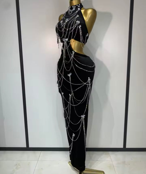 Women Black Sexy Chain Cut Out Open Back Velour Maxi Dress