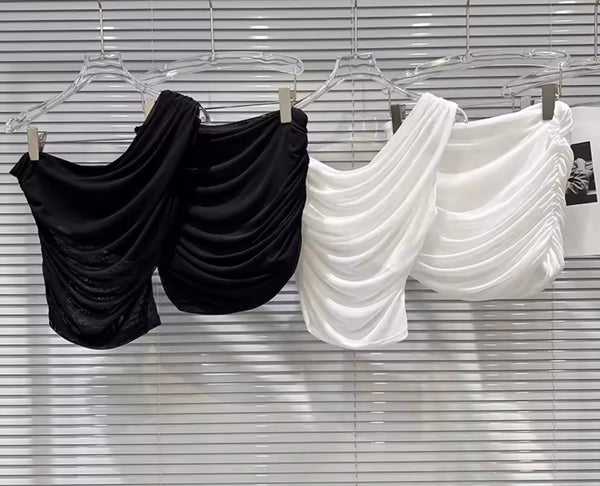 Women One Shoulder Sleeveless Ruched Two Piece Skirt Set