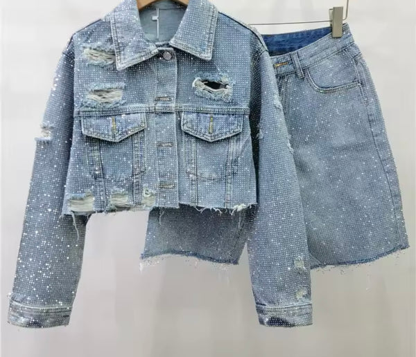 Women Fashion Ripped Bling Denim Jacket Two Piece Short Set
