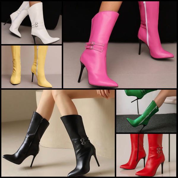 Women Pointed Toe Buckled Faux Leather Fashion Ankle Boots