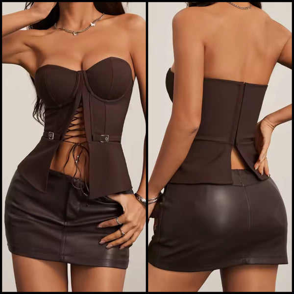 Women Sexy Fashion Brown Strapless Lace Up Top