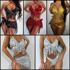 Women Sexy Metallic Sequins Bikini Cover Up Set