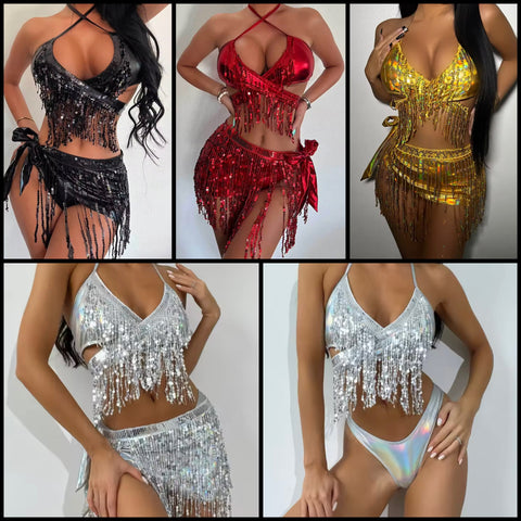 Women Sexy Metallic Sequins Bikini Cover Up Set