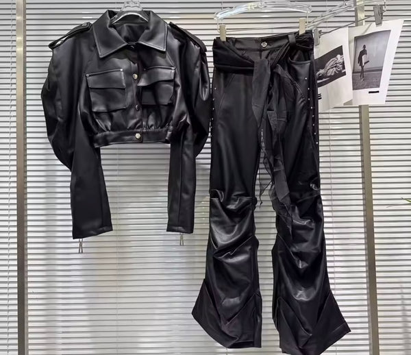Women Fashion Black Rivet Jacket Two Piece Faux Leather Pant Set