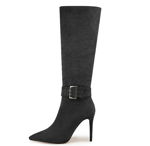 Women Pointed Toe Suede Buckled Knee High Boots