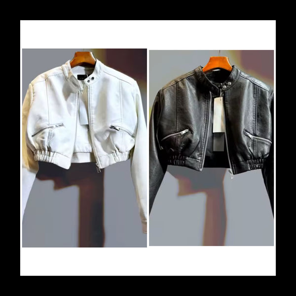 Women Faux Leather Zip Up Fashion Short Jacket