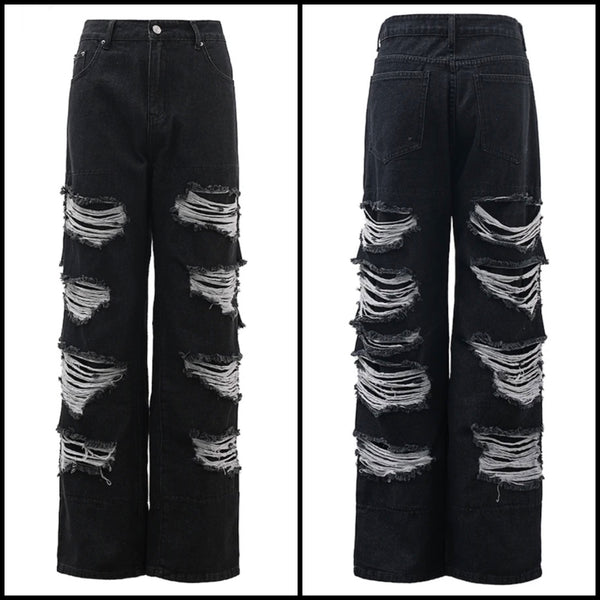 Women Fashion Black Ripped Denim Wide Leg Pants