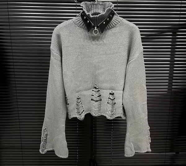 Women Fashion Ripped Turtleneck Full Sleeve Sweater Top