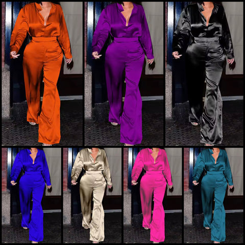 Women Color Satin Full Sleeve Two Piece Fashion Pant Set