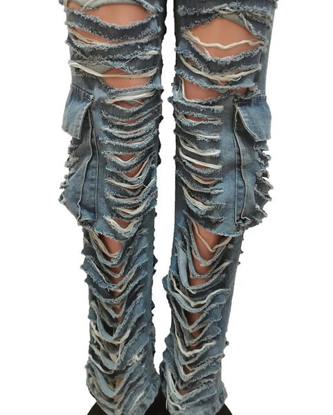 Women Fashion Ripped Cargo Denim Pants