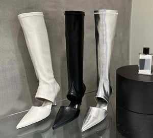 Women Pointed Toe Cut Out PU Kitten Heel Boots