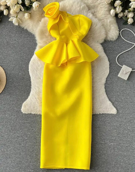 Women Sexy Strapless Floral Yellow Ruffled Maxi Dress