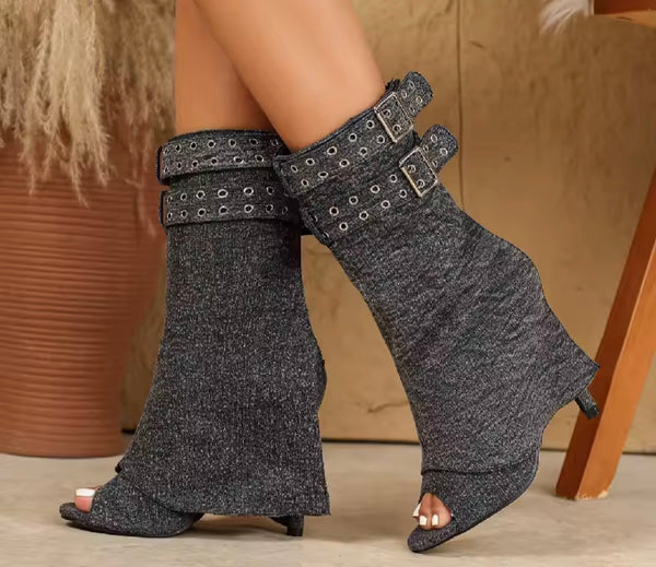 Women Fashion Open Toe Buckled High Heel Ankle Boots