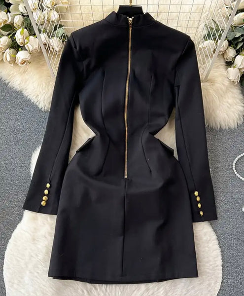 Women Black Gold Button Full Sleeve Blazer Dress