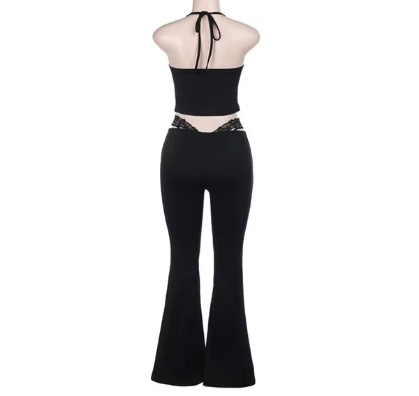 Women Sexy Halter Sleeveless Black Two Piece Pant Set