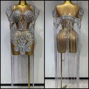 Women Sexy Sleeveless Sparkly Rhinestone Mesh Tassel Dress