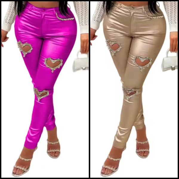 Women Fashion Rhinestone Heart Cut Out PU Pants