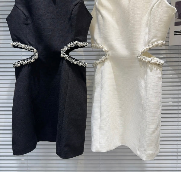 Women Sexy Sleeveless Beaded Bling Cut Out Dress