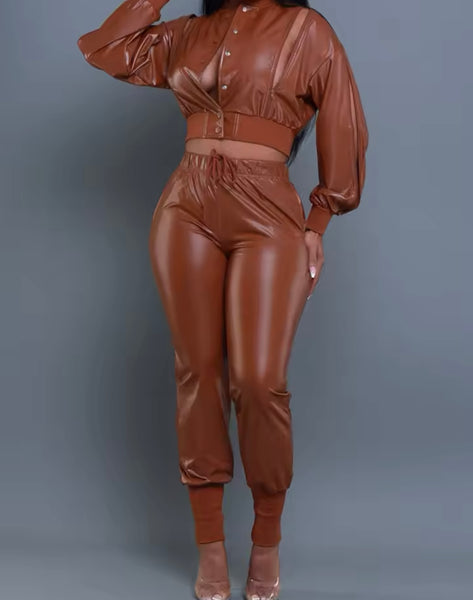 Women Fashion Faux Leather Spliced Jacket Two Piece Pant Set