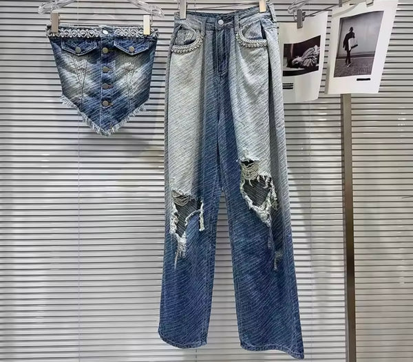 Women Rhinestone Button Up Crop Two Piece Ripped Denim Pant Set