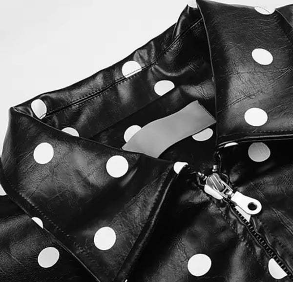 Women Fashion Black Polka Dot Faux Leather Jacket