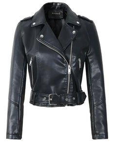 Women Color Zip Up Buckled Faux Leather Fashion Jacket