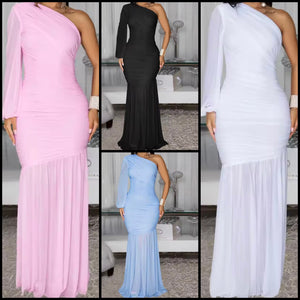 Women Sexy Solid Color One Shoulder Full Sleeve Maxi Dress