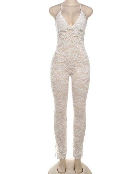 Women Sexy Sleeveless Open Back Lace Jumpsuit