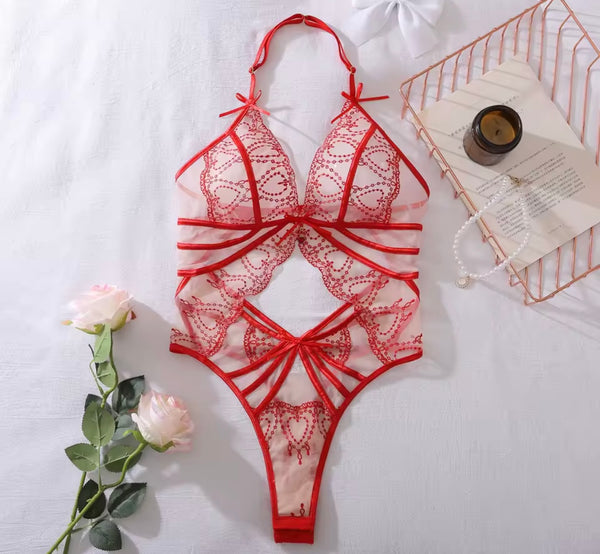 Women Red Halter Heart Mesh Sexy Bodysuit Lingerie