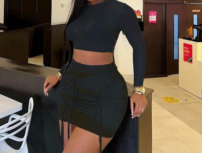 Women Sexy Mesh Full Sleeve Tie Up Two Piece Skirt Set