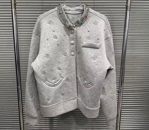 Women Fashion Rhinestone Button Up Two Piece Skirt Set