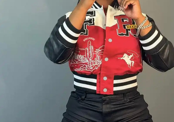 Women Fashion Color Patchwork Letter Print Varsity Jacket