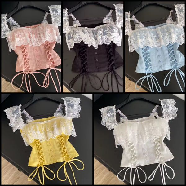 Women Lace Patchwork Tie Up Sleeveless Tank Top