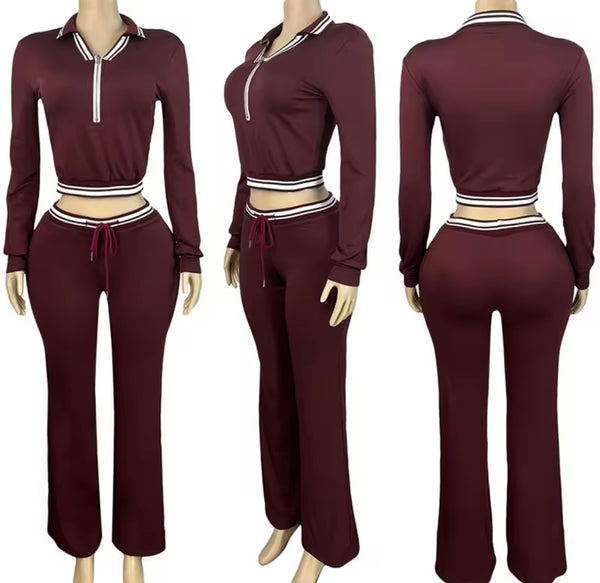Women Fashion Zip Up Color Block Tracksuit Two Piece Pant Set