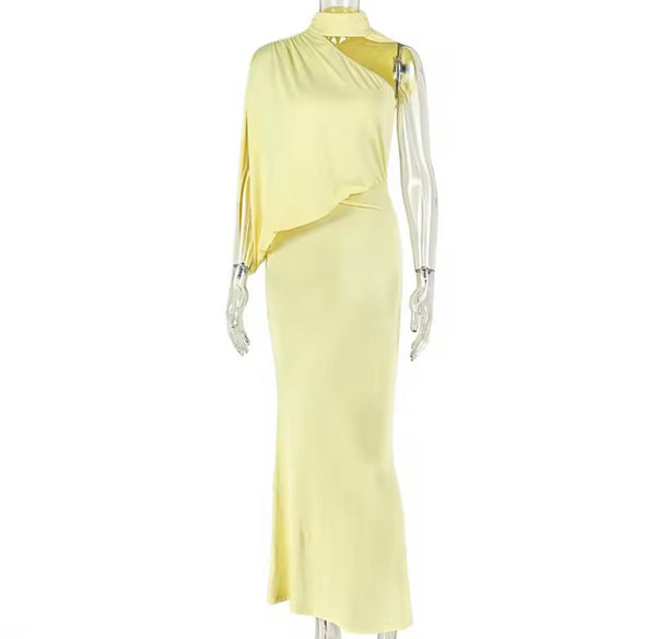 Women Sexy Yellow One Shoulder Ruched Maxi Dress