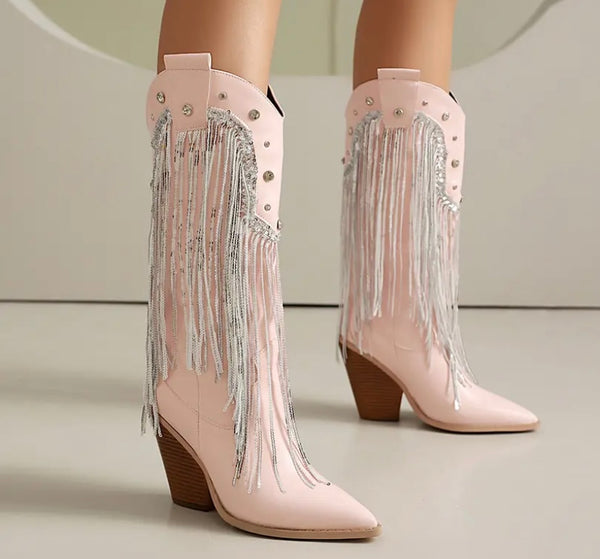Women Fashion Bling Tassel Western Boots