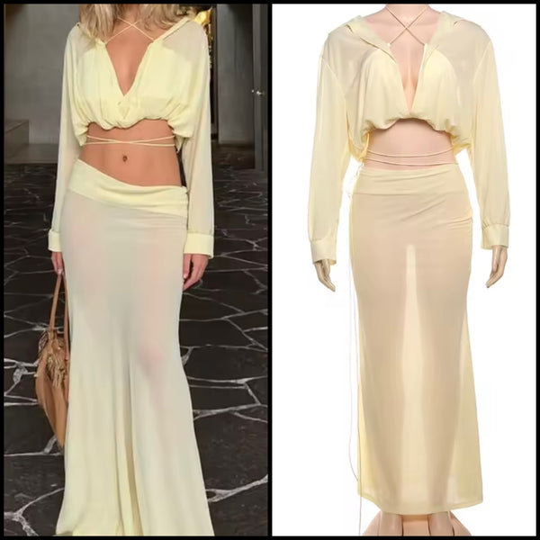 Women Sexy Yellow Full Sleeve Mesh Two Piece Maxi Skirt Set