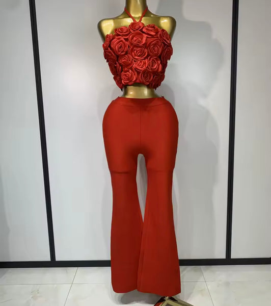 Women Fashion 3D Floral Halter Sleeveless Two Piece Pant Set
