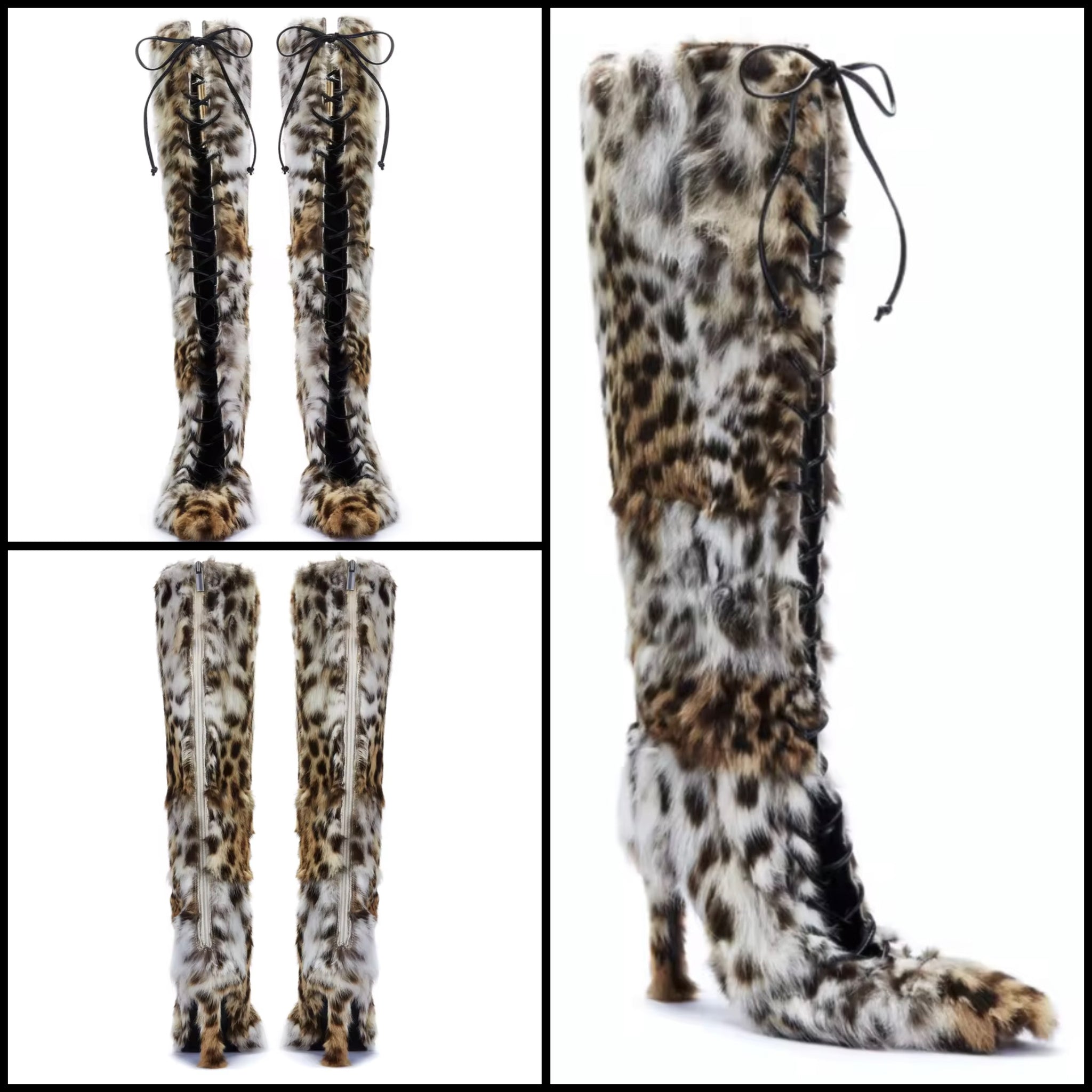 Women Fashion Animal Print Faux Fur Lace Up Knee High Boots