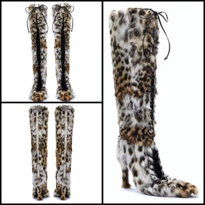 Women Fashion Animal Print Faux Fur Lace Up Knee High Boots