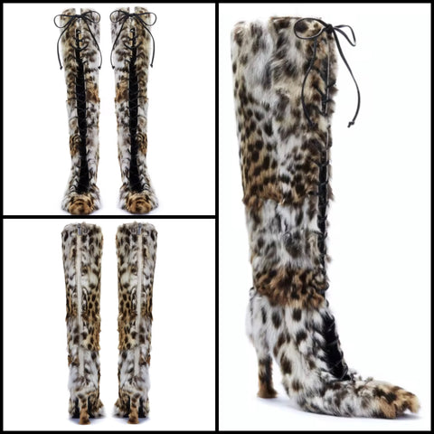 Women Fashion Animal Print Faux Fur Lace Up Knee High Boots
