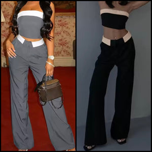Women Sexy Strapless Color Patchwork Two Piece Pant Set
