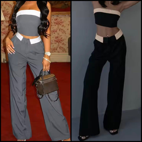Women Sexy Strapless Color Patchwork Two Piece Pant Set