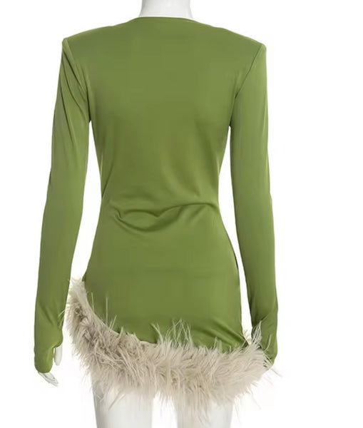 Women Sexy V-Neck Full Sleeve Asymmetrical Fur Patchwork Dress